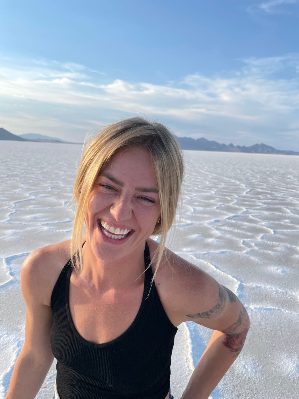 Hayley laughing on the salt flats